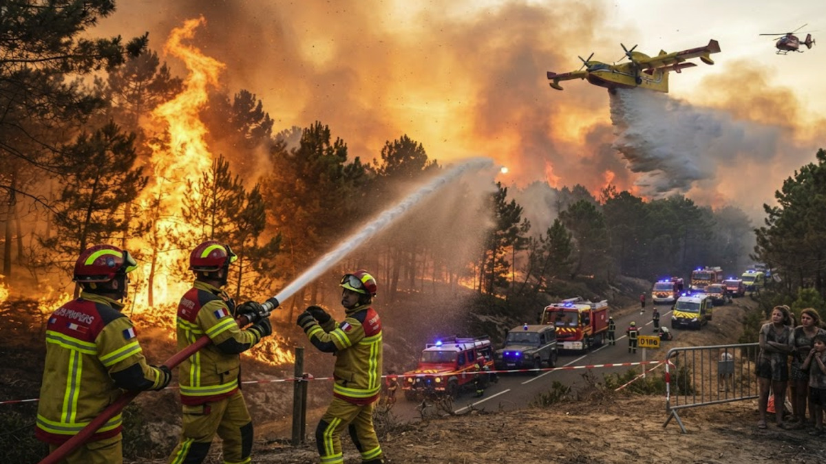 Des pompiers français combattent un important incendie de forêt près du Cap Ferret, en Gironde.