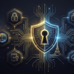 Une infographie de cybersécurité élégante présentant le meilleur vpn et les outils de protection des données, avec un bouclier numérique central et la silhouette subtile de la Tour Eiffel en arrière-plan pour le site Franist.