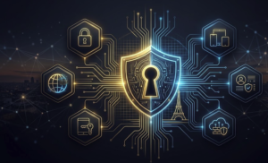 Une infographie de cybersécurité élégante présentant le meilleur vpn et les outils de protection des données, avec un bouclier numérique central et la silhouette subtile de la Tour Eiffel en arrière-plan pour le site Franist.