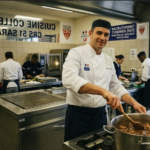Un chef cuisinier prépare un repas collectif dans la cuisine professionnelle de la CRS 51 à Saran pour le ministère de l'Intérieur.