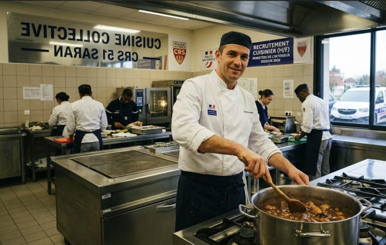 Un chef cuisinier prépare un repas collectif dans la cuisine professionnelle de la CRS 51 à Saran pour le ministère de l'Intérieur.