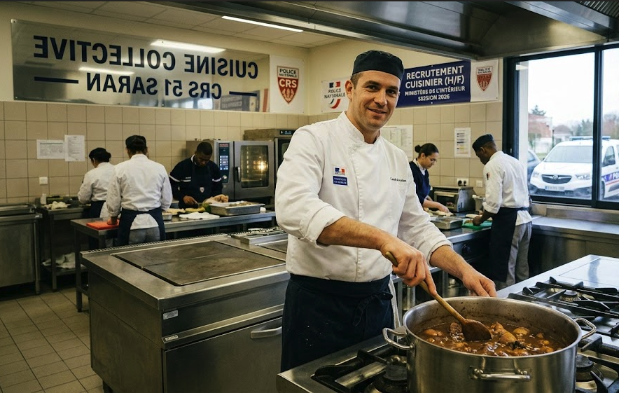 Un chef cuisinier prépare un repas collectif dans la cuisine professionnelle de la CRS 51 à Saran pour le ministère de l'Intérieur.
