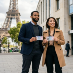 Comment obtenir la résidence permanente en France : demandeur devant un bâtiment administratif français.
