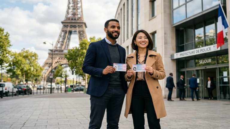 Comment obtenir la résidence permanente en France : demandeur devant un bâtiment administratif français.