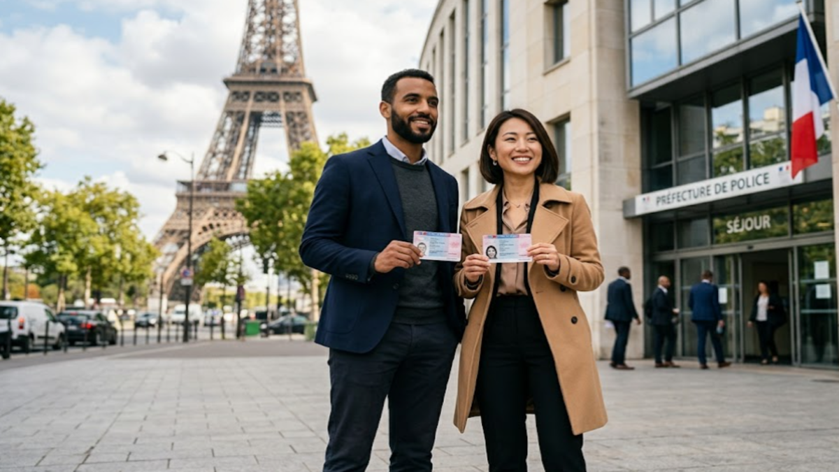 Comment obtenir la résidence permanente en France : demandeur devant un bâtiment administratif français.