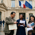Conditions de la citoyenneté française : des candidats à la naturalisation devant une préfecture en France avec des documents officiels.