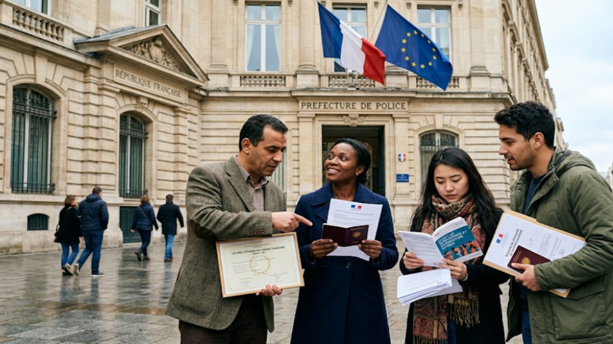 Conditions de la citoyenneté française : des candidats à la naturalisation devant une préfecture en France avec des documents officiels.
