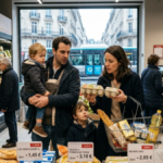 Cost of Living in France: French family comparing grocery prices in a Paris supermarket