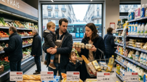 Cost of Living in France: French family comparing grocery prices in a Paris supermarket