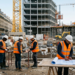 Ouvriers du bâtiment travaillant sur un chantier en France
