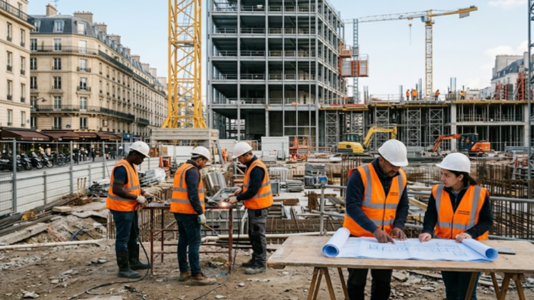 Ouvriers du bâtiment travaillant sur un chantier en France