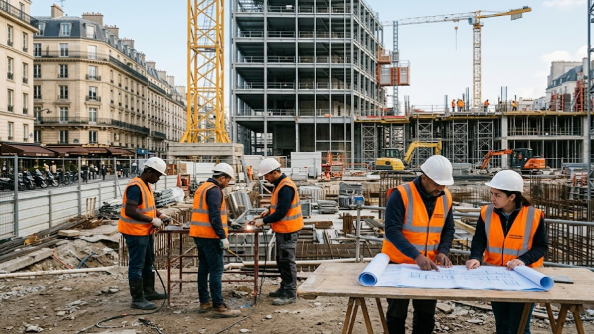 Ouvriers du bâtiment travaillant sur un chantier en France