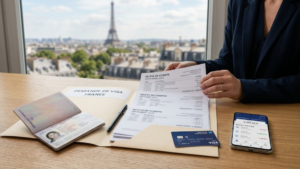 Relevé bancaire pour visa France avec passeport et documents financiers