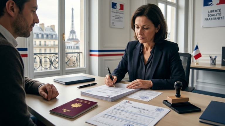 Attestation d'accueil en France avec passeport et documents administratifs