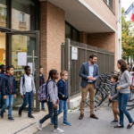 Rentrée scolaire en France avec des élèves devant une école
