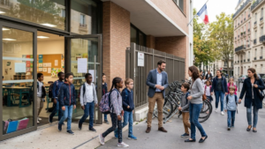 Rentrée scolaire en France avec des élèves devant une école