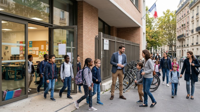 Rentrée scolaire en France avec des élèves devant une école