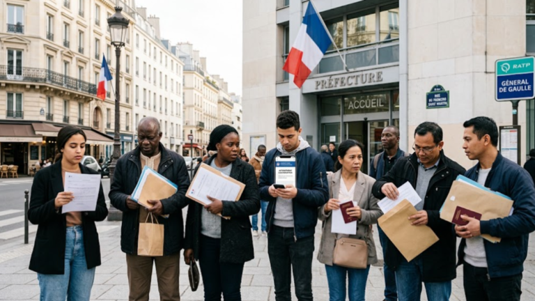 Nouvel arrivant en France effectuant ses démarches administratives à Paris
