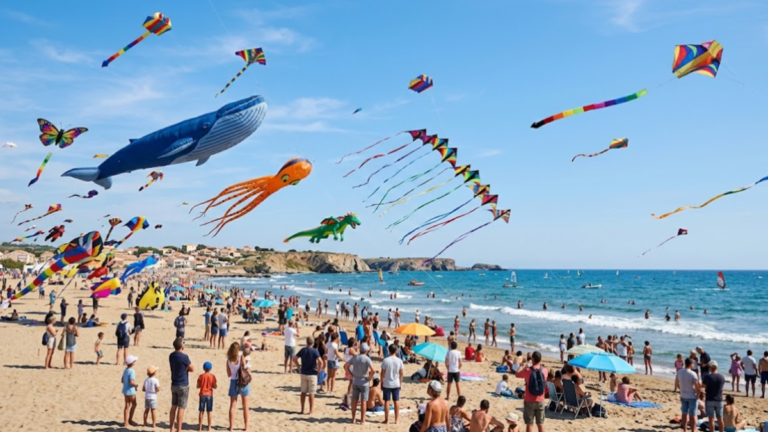 Festival du Vent à Portiragnes-Plage avec des cerfs-volants dans le ciel