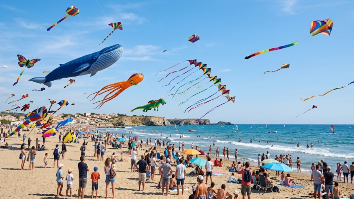 Festival du Vent à Portiragnes-Plage avec des cerfs-volants dans le ciel