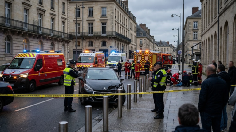 Voiture après une collision avec des piétons près de la gare de Caen