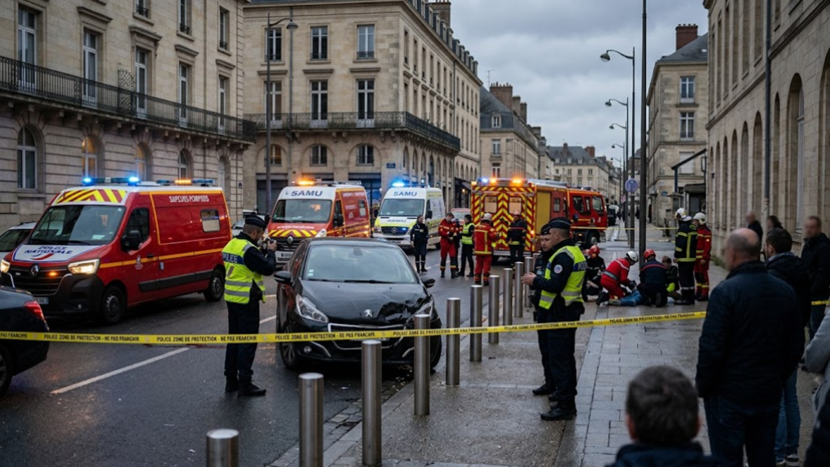 Voiture après une collision avec des piétons près de la gare de Caen