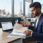 Jeune professionnel consultant son dossier administratif et son diplôme universitaire étranger devant un ordinateur dans un bureau moderne en France.