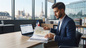 Jeune professionnel consultant son dossier administratif et son diplôme universitaire étranger devant un ordinateur dans un bureau moderne en France.