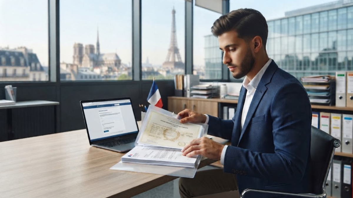 Jeune professionnel consultant son dossier administratif et son diplôme universitaire étranger devant un ordinateur dans un bureau moderne en France.