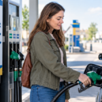 Aide carburant de 100 euros : une automobiliste fait le plein dans une station-service en France.