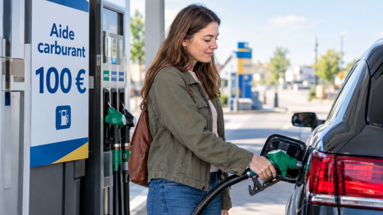 Aide carburant de 100 euros : une automobiliste fait le plein dans une station-service en France.