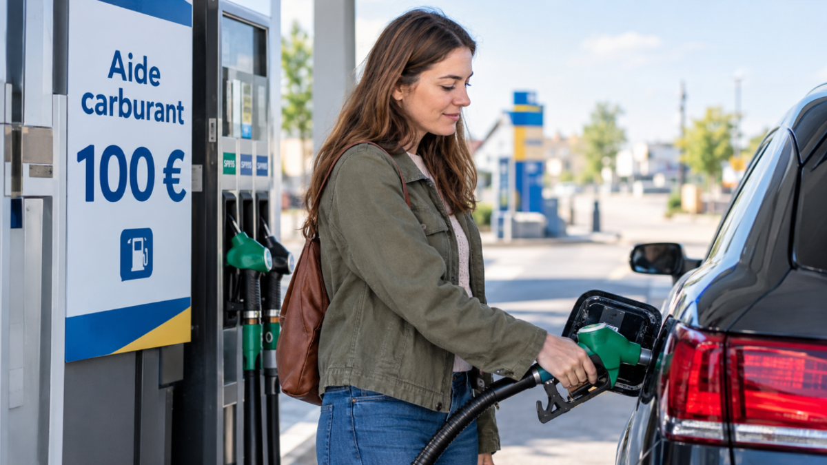 Aide carburant de 100 euros : une automobiliste fait le plein dans une station-service en France.
