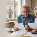 Couple de retraités consultant des documents fiscaux concernant le budget 2027 en France.