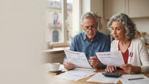 Couple de retraités consultant des documents fiscaux concernant le budget 2027 en France.