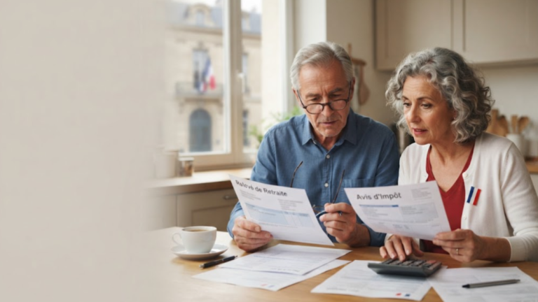 Couple de retraités consultant des documents fiscaux concernant le budget 2027 en France.