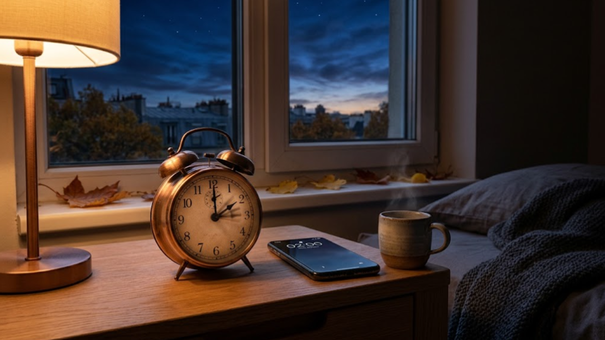 Réveil et smartphone illustrant le passage à l’heure d’hiver dans la nuit du 24 au 25 octobre 2026.