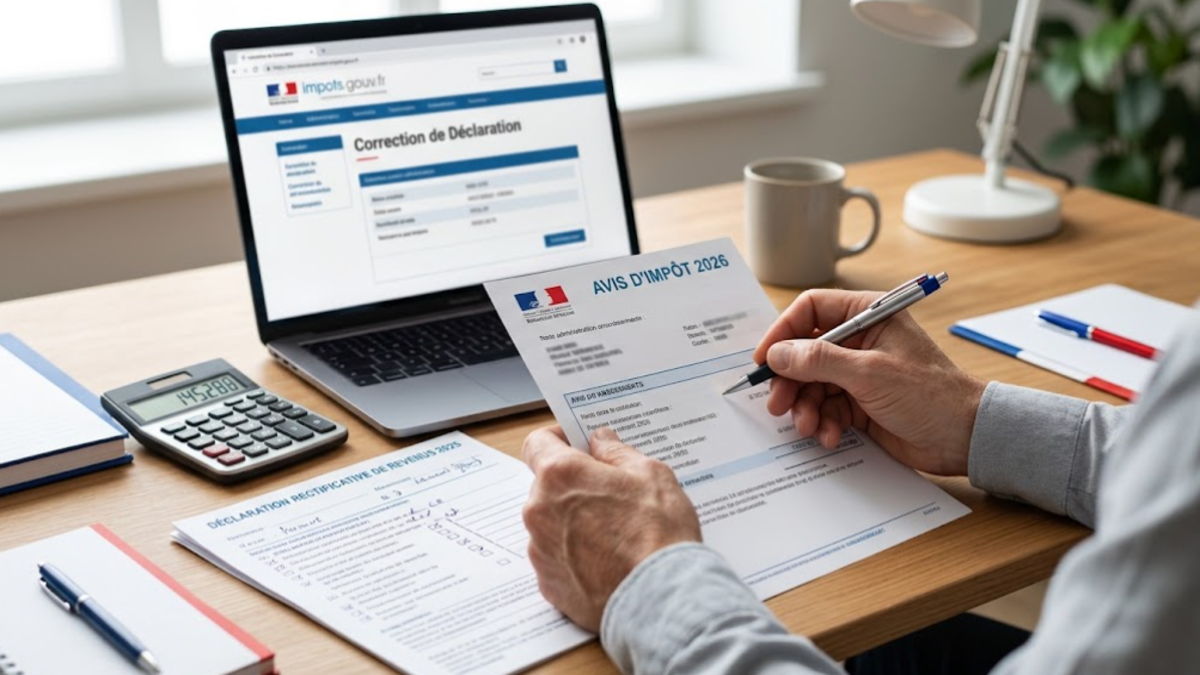 Documents fiscaux et calculatrice pour corriger une déclaration d’impôts en 2026