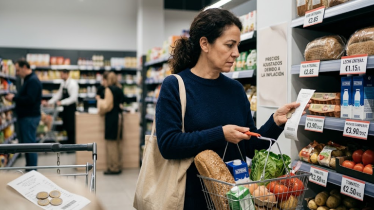 Shopper comparing grocery prices as inflation reduces household purchasing power.