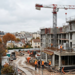 Construction d’un immeuble neuf en France avec une grue et des structures encore inachevées.