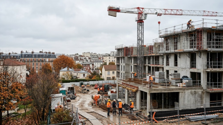 Construction d’un immeuble neuf en France avec une grue et des structures encore inachevées.