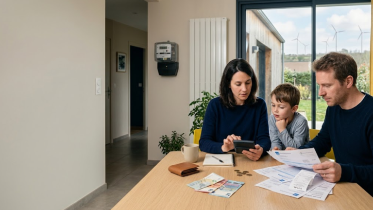 Une famille française consulte ses factures d’énergie et son budget domestique pour préserver son pouvoir d’achat.
