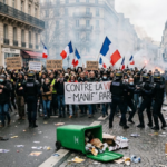 Manifestation contre le coût de la vie en France avec des forces de l’ordre présentes dans la rue.