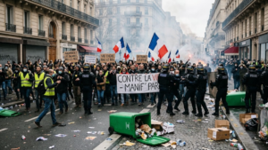 Manifestation contre le coût de la vie en France avec des forces de l’ordre présentes dans la rue.