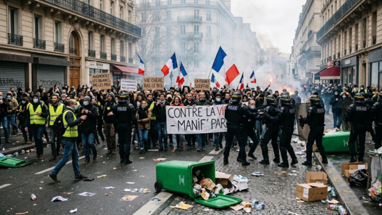 Manifestation contre le coût de la vie en France avec des forces de l’ordre présentes dans la rue.