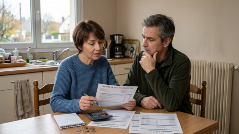 Une famille française consulte sa facture de gaz et son budget domestique face à la hausse des prix de l’énergie.